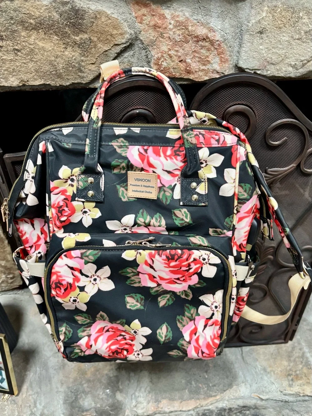 Floral Quilted Backpack Tote in Black and Pink Roses